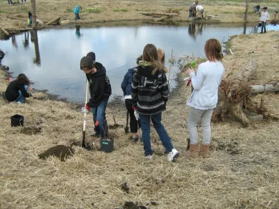 Students digging near the shoreline and working on the BX Creek Wetland Enhancement and Interpretive Signage Project
